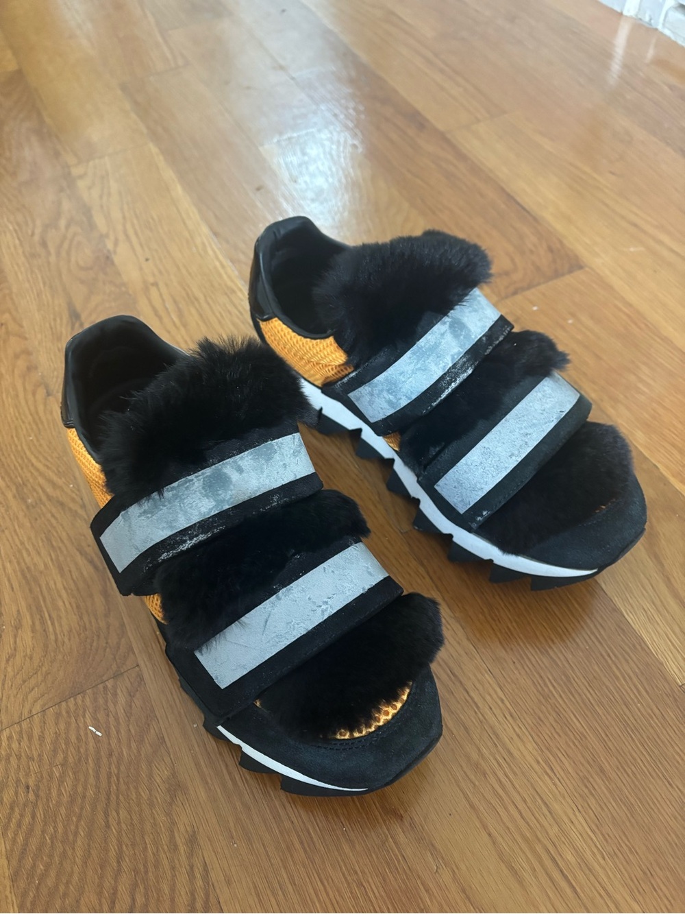 Dolce & Gabbana Black & Orange Fur Strap Sneakers Size 7 Women - Picture 3 of 8